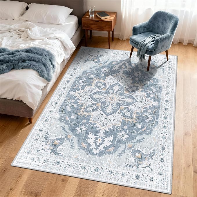 Area Rugs 5x7, Washable Rugs for Living Room, Soft Non-Slip Vintage Medallion Rug, Low-Pile Printed Blue Gray Rug for Bedroom, Dining Room, Nursery -Blue/Gray
