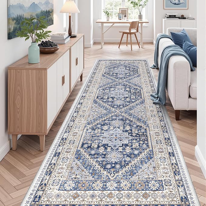 zesthome 3x10 Runner Rug Non Slip Washable for Entryway, Vintage Hallway Runner for Front Porch, Laundry Room, Bedroom, Abstract Stain Resistant Thin Indoor Kitchen Mats for Floor(Blue/Beige,3'x10')