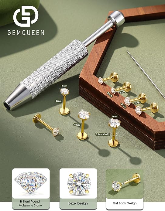 GEMQUEEN 8 PCS Moissanite ＆ Implant Grade G23 Titanium Nose Studs Flat Back Earrings Hypoallergenic : 14K Gold Plated Nose Rings 20G Push in Threadless Cartilage Helix Piercing Jewelry for Women Men