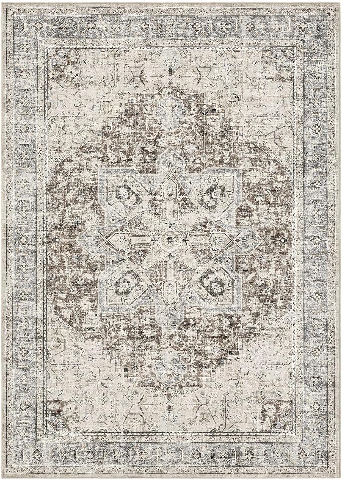 Tortania Area Rug Living Room Rugs - 7x10 Washable Boho Rug Vintage Oriental Distressed Farmhouse Large Thin Indoor Carpet for Living Room Bedroom Under Dining Table Home Office - Brown Blue