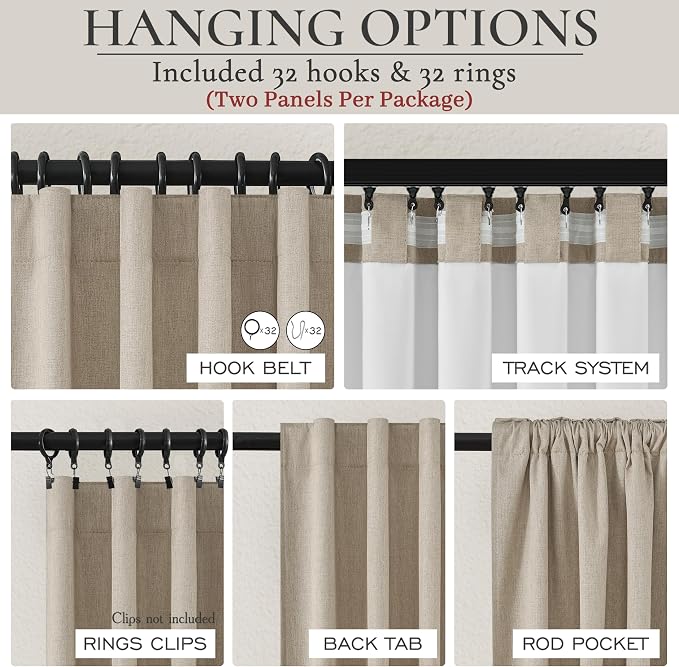 100% Blackout Curtains 86 Inch Length 2 Panels Set Farmhouse Style for Bedroom Windows/Living Room Thermal Insulated Neutral Boho Drapes Linen Blend Dark GreyBeige Long Hook Belt Pleated/Back Tab