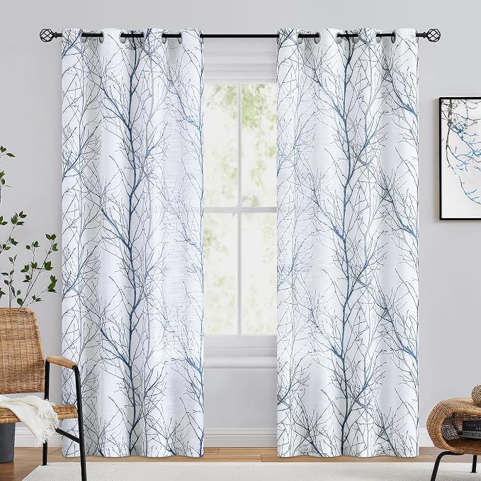 FMFUNCTEX Linen Semi Sheer Curtains for Bedroom, Blue White Curtains 108 Inches Long for Living Room, Grey Tree Branch Patterned Curtain Light Filtering Extra Long Window Drapes, Grommet Top 2 Panels | Extra Long Sheer Branch Patterned Drapes, Light Fi...