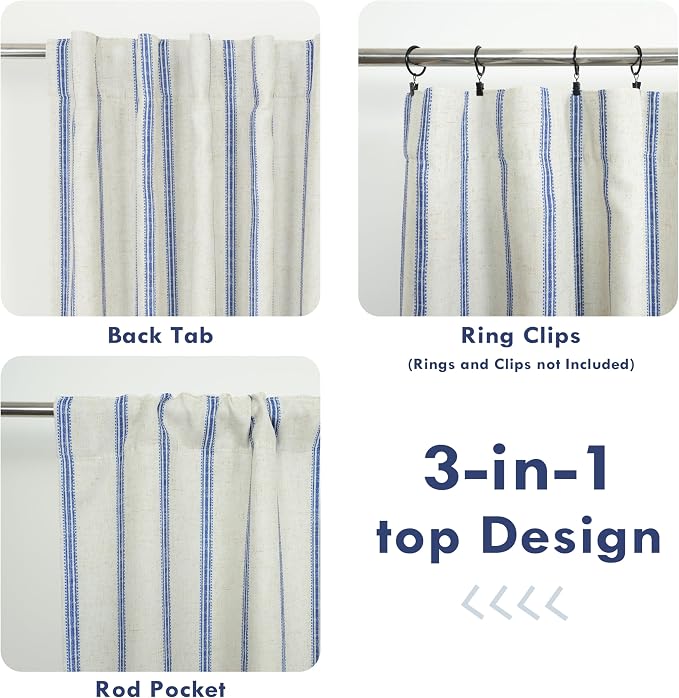 DriftAway Farmhouse Stripe Blackout Curtains, W52xL36, Navy | Blackout, Linen Texture, Stripe Pattern, Rod Pocket & Back Tab, Two Layers, Bedroom Living Room Use, Sound Reducing Design