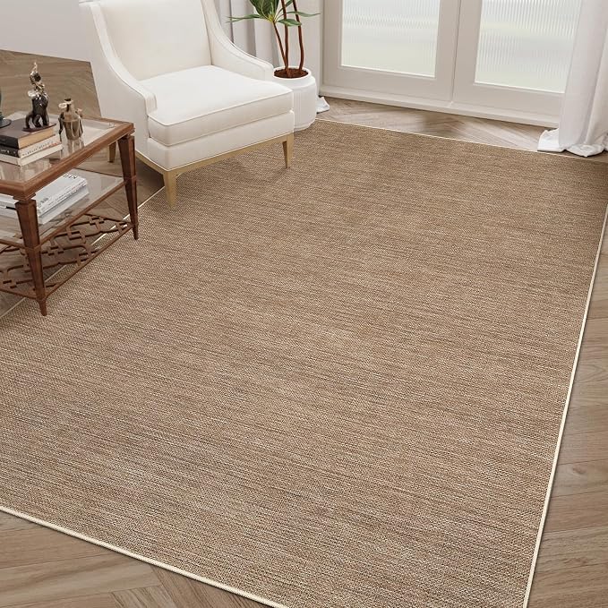 GarveeHome Washable Bedroom 4x6 Area Rug Modern Solid Easy Jute Area Rugs | Non Slip Stain Resistant Living Room Throw Carpet Low Pile Easy Jute Rugs for Kitchen Nursery Entryway Dorm Kids Room, Brown
