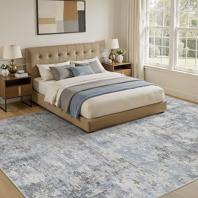 8x12 Rugs for Living Room, Washable Non Slip Bedroom Large Area Rug | Neutral Modern Abstract Carpet, Stain Resistant Low Pile, Made for Farmhouse Dining Room, Nursery, Home Office - Blue Gray
