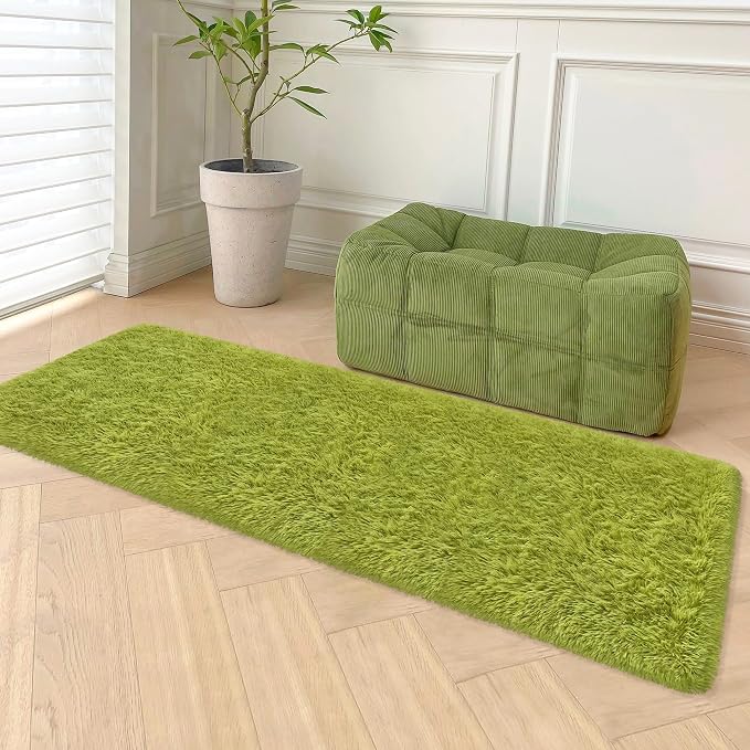 Soft Grass Green Fluffy Rug for Bedroom Living Room, 2x8 ft Fuzzy Green Shag Rug Runner Carpet for Hallways Entryway Nursery Bedside Kids Room Teen Dorm Home Decor Indoor