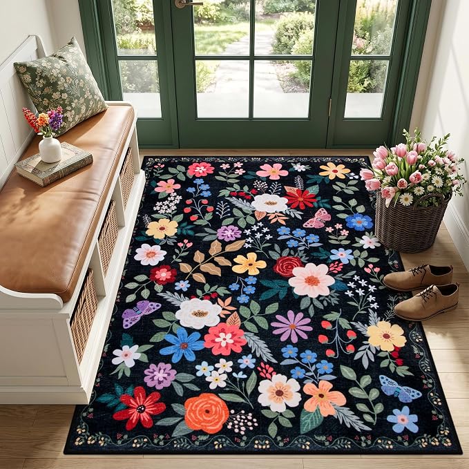 Area Rug Living Room Rugs: Floral 3x5 Washable Rug Vintage Soft Boho Non-Slip Carpet Indoor Floor Stain Resistant Large Carpets for Bedroom Dining Room Farmhouse Nursery Hallway Black