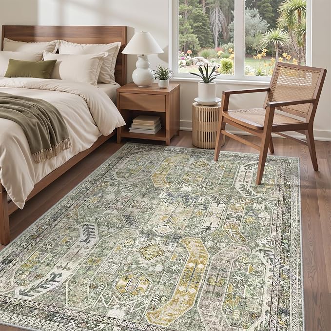 befbee 5x7 Area Rugs for Living Room,Stain Resistant Washable Rug,Non-Slip Backing Rugs for Bedroom,Kitchen,Printed Vintage Home Decor Rug (Green/Gold, 5'x7')