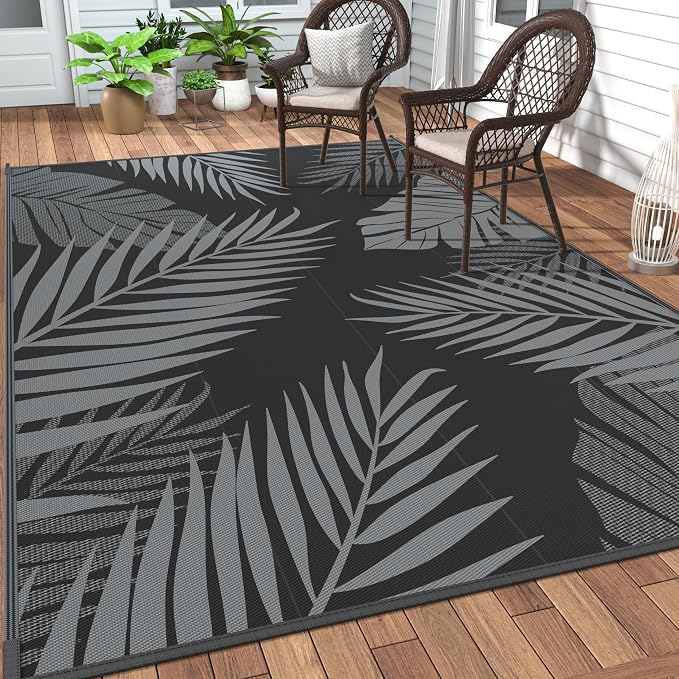 GENIMO Outdoor Rug, Waterproof Plastic Rugs for Patio, 8'x10' Black Grey | Outside Larger Leaf Carpet Mat for Porch Decor, Deck, Balcony, Camping, RV, Backyard, Picnic, Beach, Reversible, Foldable