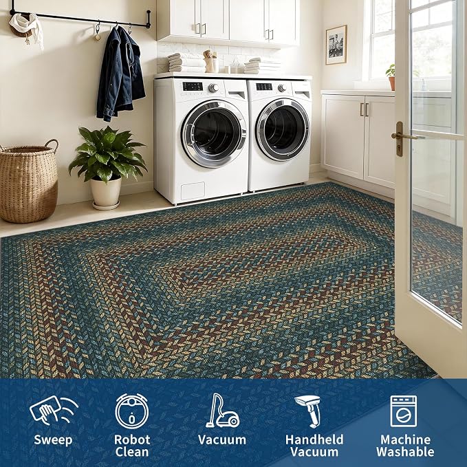 GarveeHome 5x7 Washable Rug for Bedroom Braided Easy Jute Living Room Rugs | Non Slip Modern Neutral Bordered Stain Resistant Indoor Throw Carpet for Nursery Kitchen Dining Room Entryway, Navy