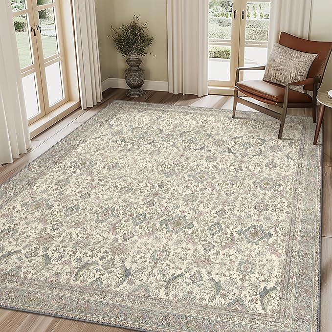 BESBLEE 6X9 Area Rugs Machine Washable Rugs for Living Room, Vintage Boho Large Rugs for Bedroom Dining Room, Non Slip Indoor Soft Distressed Lightweight Thin Low Pile Carpet, Cream