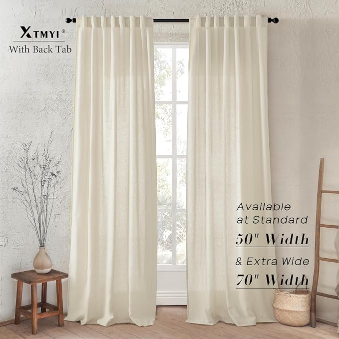 XTMYI Contemporary Curtains for Living Room,Pleat Hooks Linen Semi Sheer Ruffle Curtains for Master Bedroom 2 Panels,90 Inch Long,Beige