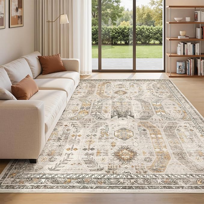 befbee 5x7 Area Rugs for Living Room,Stain Resistant Washable Rug,Non-Slip Backing Rugs for Bedroom,Kitchen,Printed Vintage Home Decor Rug (Brown/Gold, 5'x7')
