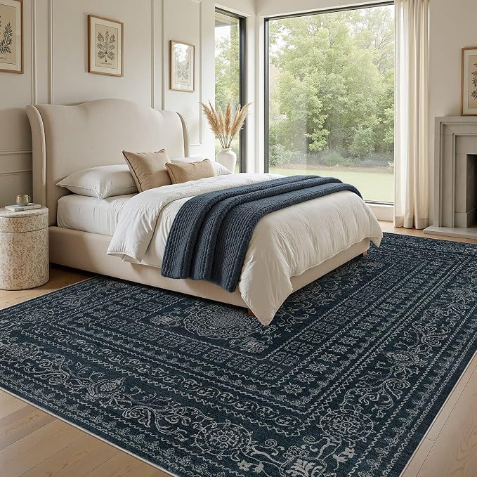 Nakagishi 10x14 Area Rugs Living Room: Washable Large Vintage Rug Neutral Non-Slip Soft Stain Resistant Indoor Carpet for Bedroom Nursery Dining Room Office Playroom - Navy