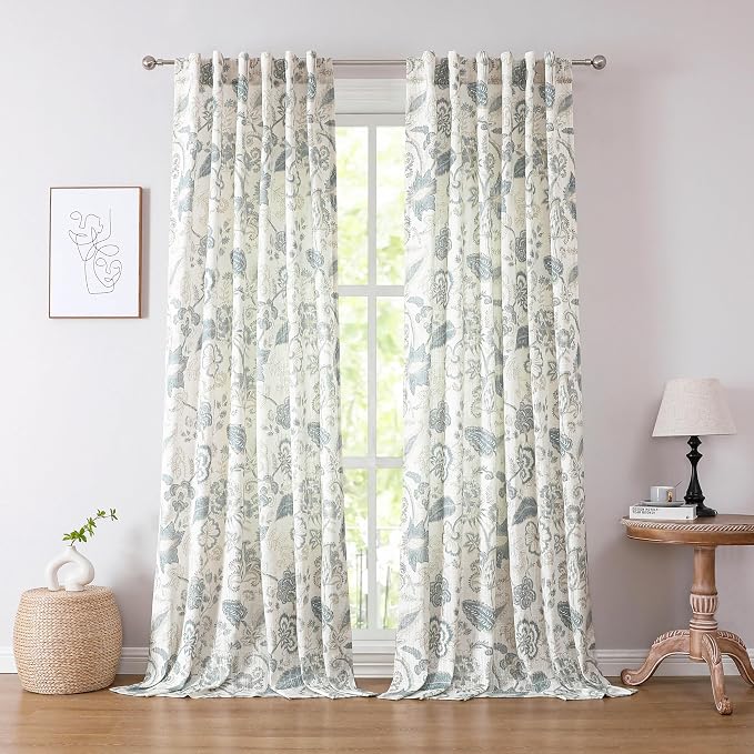 Kayne Studio Backtab Rod Pocket Jacobean Floral Semi Sheer Curtains Botanical Leaf Printed Vintage Farmhouse Blue Grey Light Filtering Window Treatment Sets Living Room Bedroom,52"x90",2 Panels