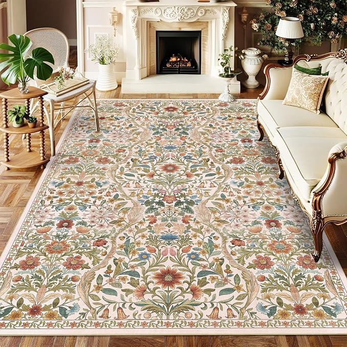 Floral Washable 6x9 Area Rug，Beige Boho Rugs for Living Room, Soft Low-Pile Non-Slip Stain Resistant & Non-Shedding Carpet for Bedroom,Dining Room,Office,Entryway,Nursery