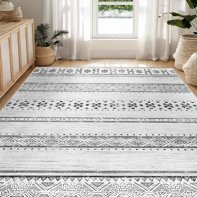 BESTSWEETIE 8x10 Area Rugs for Living Room Washable Moroccan Farmhouse Neutral Geometric Low Pile Non-Slip Soft Print Pattern Rug for Bedroom Kitchen Dining Room Entryway Grey/Black/Navy