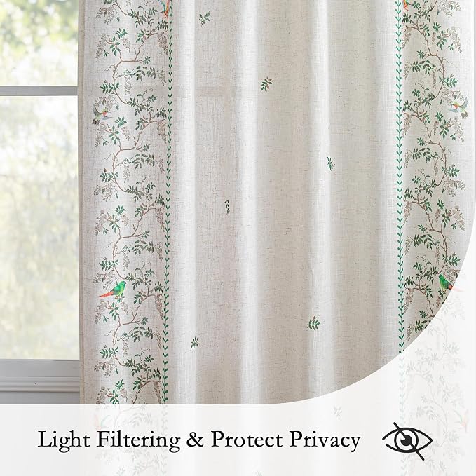 MYSKY HOME Boho Curtains for Living Room Linen Blend Leaf Bird Printed Curtains & Drapes 72 inches Length Farmhouse Room Decor Style Light Filtering Back Tab for Dining Room, Green, 50" x 72", Pack-2