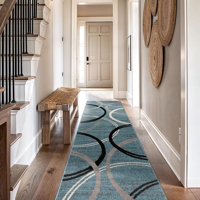 Rugshop Wavy Circles Modern Non-Shedding Runner Rug Blue 2' x 7'2"