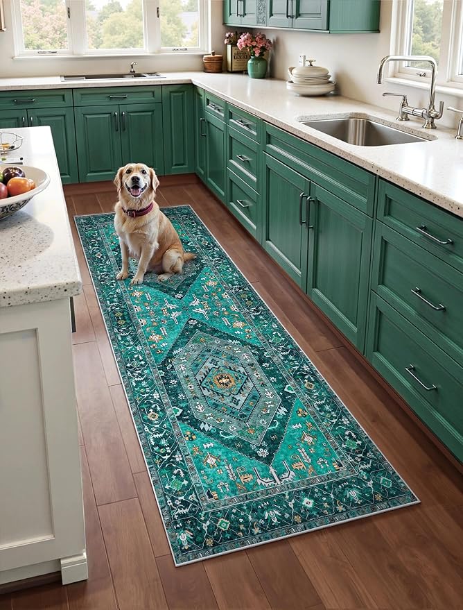 SERISSA Boho Kitchen Runner Rug, 3x7 Washable Non-Slip Runner Rug for Hallways Kitchen Rug, Ultra Soft Vintage Teal Print Distressed Tribal Floor Carpet Runner for Bedroom Entryway Laundry Room