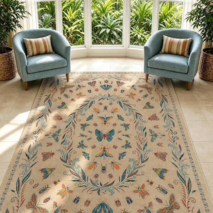 Dining Room Rugs for Under Table 6x9 - Washable Soft Rugs for Bedroom Aesthetic, Low Pile Stain Resistant Living Room Carpet, Vintage Insect Home Décor (Brown)