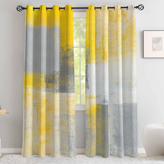 Yellow Window Curtain Yellow Grey Abstract Thermal Insulating Drapes Rust Art Treatment Drapes Modern Curtains for Living Room Bedroom Hotel, 52" x 63", 2 Panels