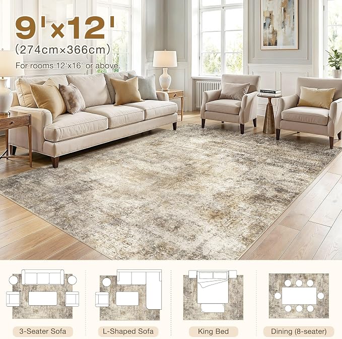 cotiled 9x12 Rugs for Living Room Abstract Soft Non Slip Washable Area Rug | Stain Resistant, Robot Vacuum & Pet Friendly, Low-pile, For Living Room, Bedroom, Dining Table, Nursery Brown