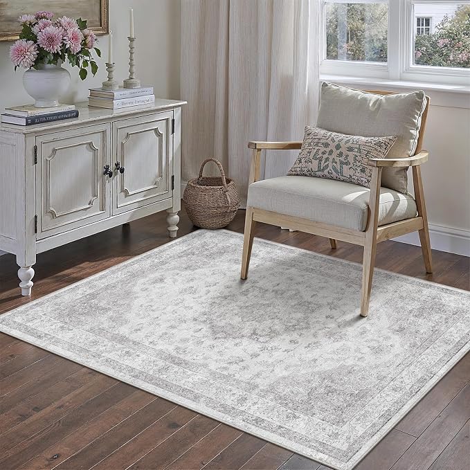 PureCozy Grey Gray Area Rug 3x5 Washable Vintage Carpet for Entryway Office Soft Retro Kitchen Low Pile Thin Door Mat Non Slip Oriental Medallion Throw Rug for Bathroom Bedroom Dining Living Room