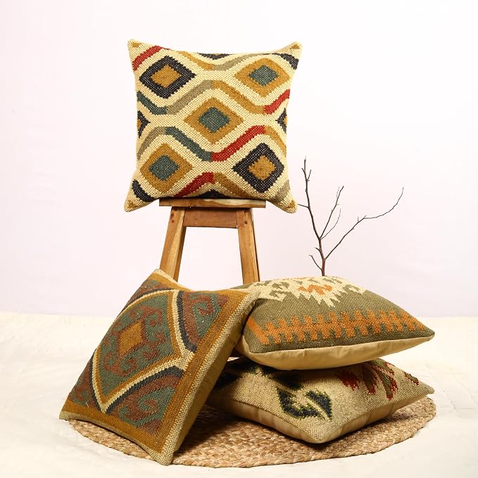Trade Star Set of 4 Kilim Pillow Covers Handmade Jute Wool Cushion Covers Boho Tribal Geometric Throw Pillow Cases Vintage Ethnic Decorative Sofa Couch Farmhouse Home Decor 18x18 Inch