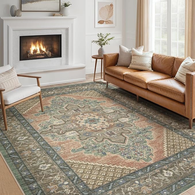 Tortania Area Rug Living Room Rugs - 9x12 Washable Boho Rug Vintage Oriental Distressed Farmhouse Large Thin Indoor Carpet for Living Room Bedroom Under Dining Table Home Office - Sage Terracotta