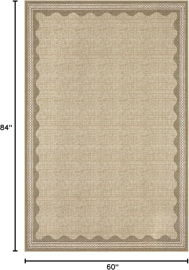 GarveeHome Washable Rugs 5x7 Rug for Living Room, Scalloped 5 x 7 Rug Solid Tan Jute Digital Printing Modern Low-Pile Carpet for Bedroom Dining Nursery Non Slip Mat with Rubber Back
