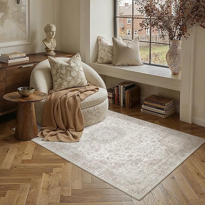 PureCozy 3x5 Washable Small Area Rug Neutral Beige Vintage Floral | Non Slip, Soft Low Pile, Indoor Carpet for Entryway, Kitchen, Bathroom, Farmhouse Decor