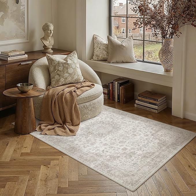 PureCozy 4x6 Washable Small Area Rug Neutral Beige Vintage Floral | Non Slip, Soft Low Pile, Indoor Carpet for Entryway, Kitchen, Apartment Living Room, Bedroom, Farmhouse Decor