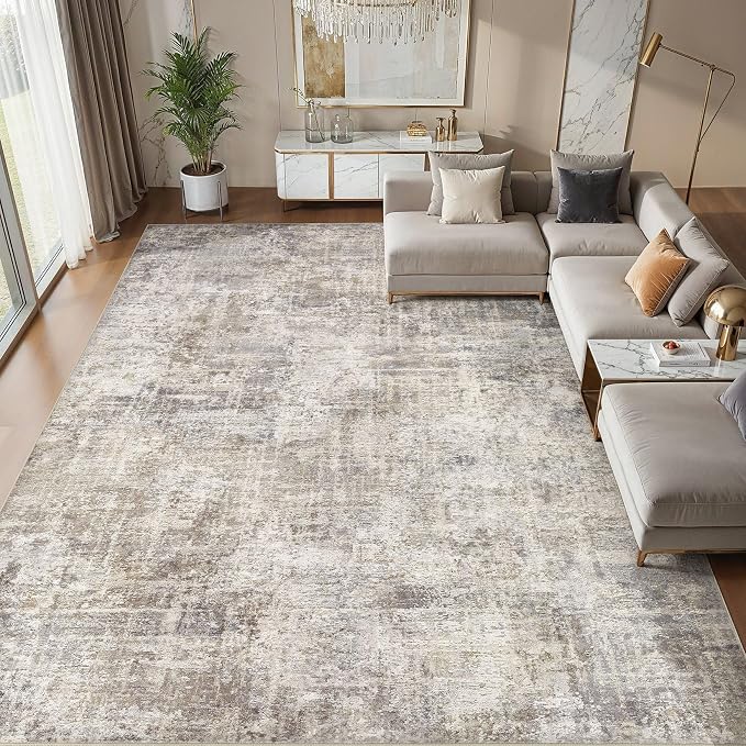 cotiled Washable 6x9 Area Rug for Living Room - Modern Abstract Carpet with Non-Slip Backing, Low Pile & Soft, Stain Resistant, Kid & Pet Friendly Decor for Bedroom & Dining Room - Brown Grey
