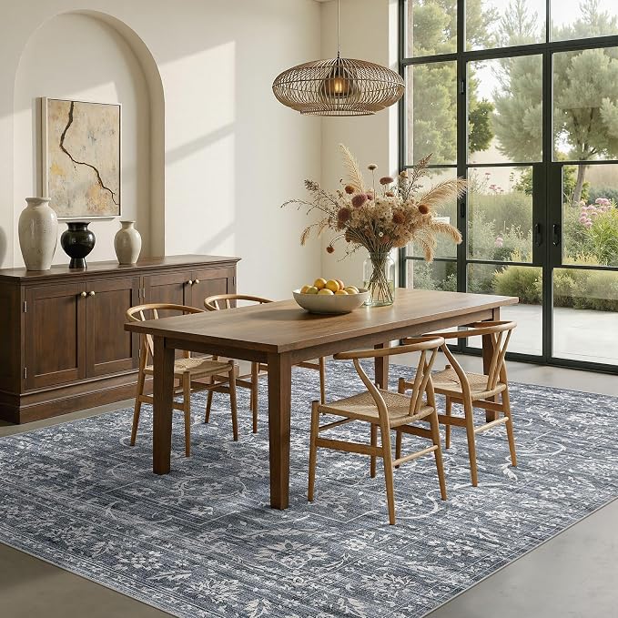 Nakagishi 6x9 Area Rugs Living Room: Washable Large Vintage Rug Neutral Non-Slip Soft Stain Resistant Indoor Carpet for Bedroom Nursery Dining Room Office Playroom - Retro Blue