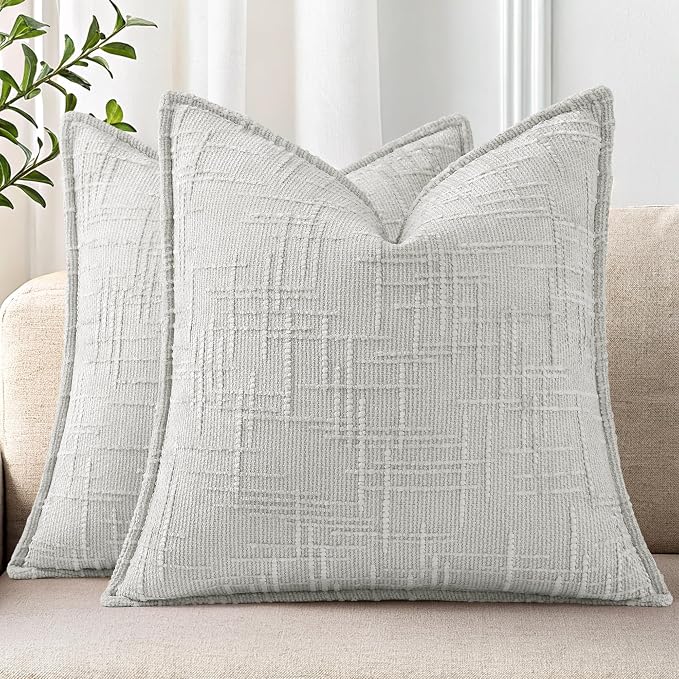 decorUhome Chenille Throw Pillow Covers 16x16 Set of 2, Soft Textured Slubby Modern Decorative Pillow Covers with Elegant Design for Couch, Sofa, Living Room, Light Grey