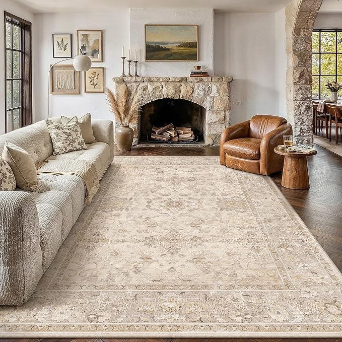 6x9 Beige Washable Area Rug Non Slip Vintage Carpet | Soft Low Pile, Lightweight Foldable, Pet Friendly, Living Room, Bedroom, Dining Room, Classroom, Playroom