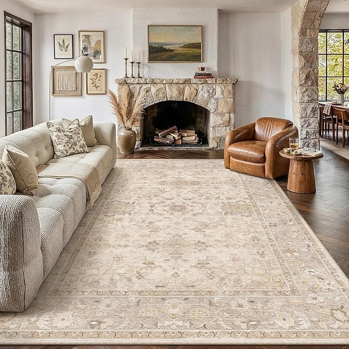 9x12 Beige Washable Area Rug Non Slip Vintage Carpet | Soft Low Pile, Lightweight Foldable, Pet Friendly, Living Room, Bedroom, Dining Room, Classroom, Playroom