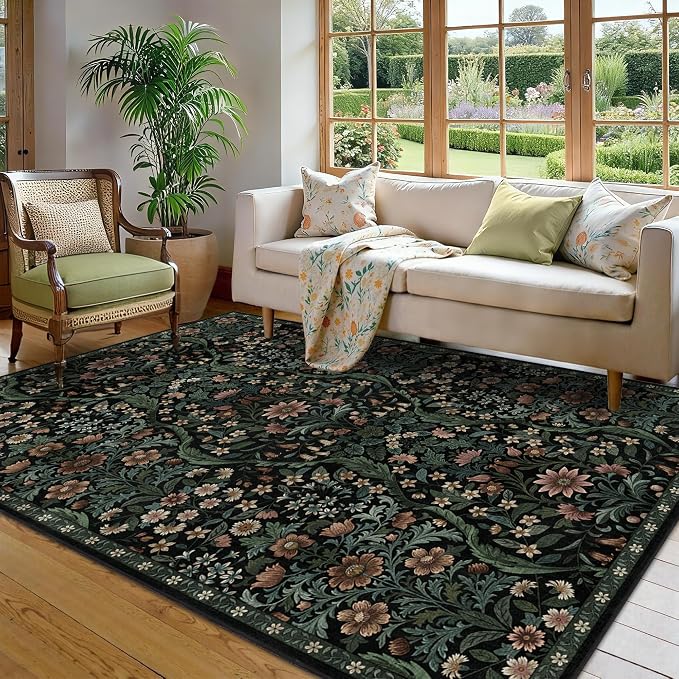 Floral Washable 6x9 Area Rug，Black Boho Rugs for Living Room, Soft Low-Pile Non-Slip Stain Resistant & Non-Shedding Carpet for Bedroom, Dining Room, Office, Entryway, Nursery