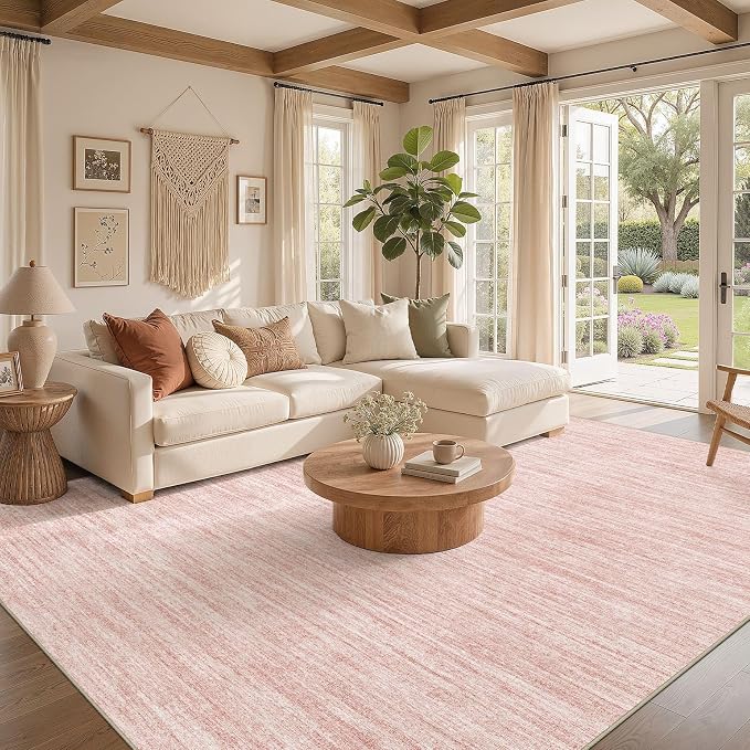 Nakagishi 6X8 Area Rugs Living Room: Washable Large Vintage Rug Neutral Non-Slip Soft Stain Resistant Indoor Carpet for Bedroom Nursery Dining Room Office Playroom - Pink