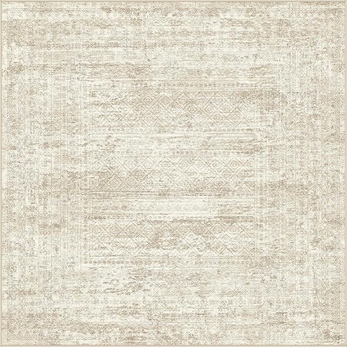 UERMEI Square Area Rugs : Washable 6x6 Neutral Modern Abstract Carpet for Living Room Bedroom - Soft Floor Mat with Non Slip Backing for Kitchen Nursery Dorms Farmhouse Home Decor - Beige/Brown