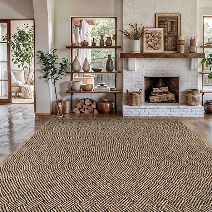 Luul Home Easy Jute Rugs 10x14 Herringbone Natural Color Living Room Indoor Outdoor Area Rug for Patio and Kitchen Rug High Traffic Washable Easy to Clean Solid Boho Woven Design Carpet (10 x 14)