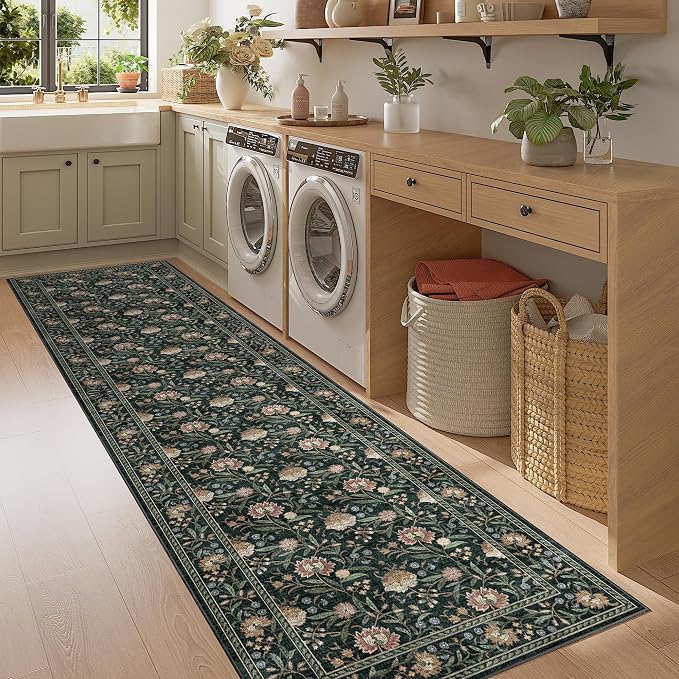 DUKINO 2.6x8 Runner Rug, Washable Vintage Floral Kitchen Runners Dark Green | Non Slip, Low Pile, Non-Shedding Soft Carpet for Hallway Bathroom Laundry Entryway Bedroom Farmhouse, Kids and Pets Friendly
