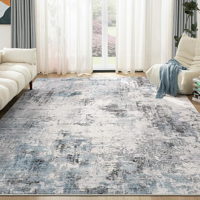 Abstract 10x12 Area Rug: Machine Washable Non Slip Ultra Thin Low-Pile Carpet, Soft Stain Resistant for Living Dining Room Bedroom, Kid Pet Friendly, Robot Vacuum Compatible - Grey Blue