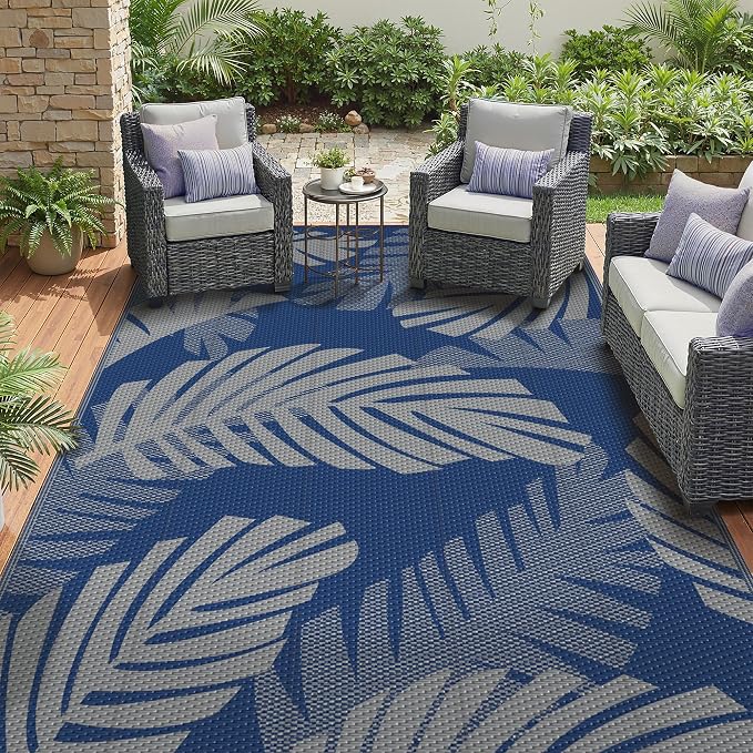 GENIMO Outdoor Rug, Waterproof Plastic Rugs for Patio, 6'x9' Blue Grey | Outside Larger Leaf Carpet Mat for Porch Decor, Deck, Balcony, Camping, RV, Backyard, Picnic, Beach, Reversible, Foldable