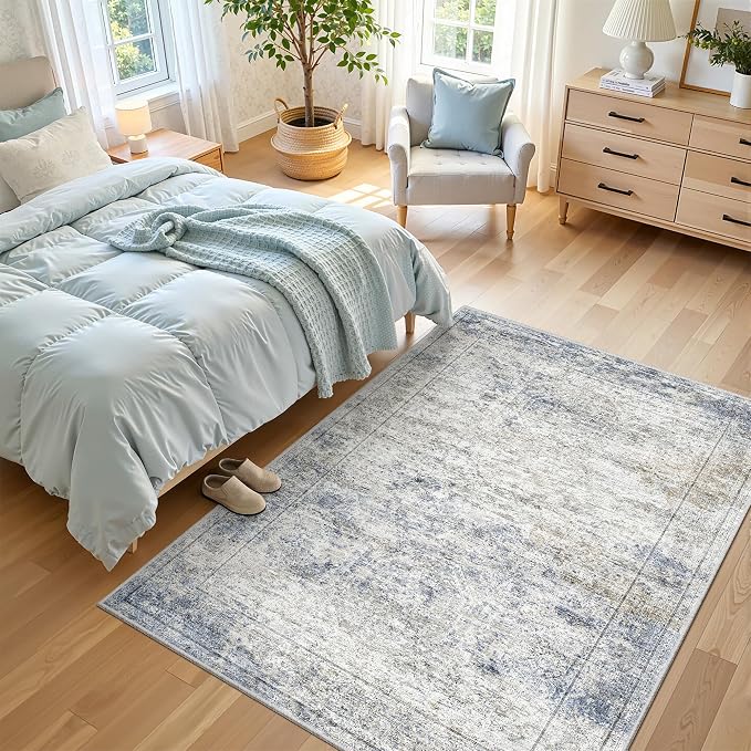 4x6 Area Rug for Entryway,Washable Kitchen Rug,Blue | Small Rug for Hallway,Bedroom,Living Room,Dining Room,Thin,Soft, Neutral Rug,Stain Resistant Indoor Carpet,Non Slip