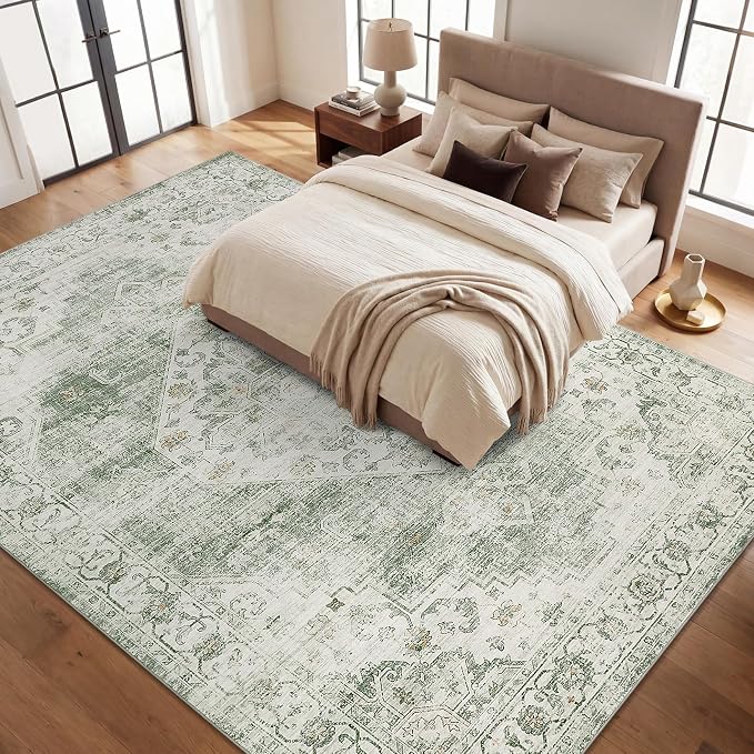 Garvee Sage Green 9x12 Area Rugs for Living Room, Boho Vintage Non-Slip Washable Rug Low Pile Stain Resistant Soft Foldable Large Carpet for Bedroom Dining Home Decor