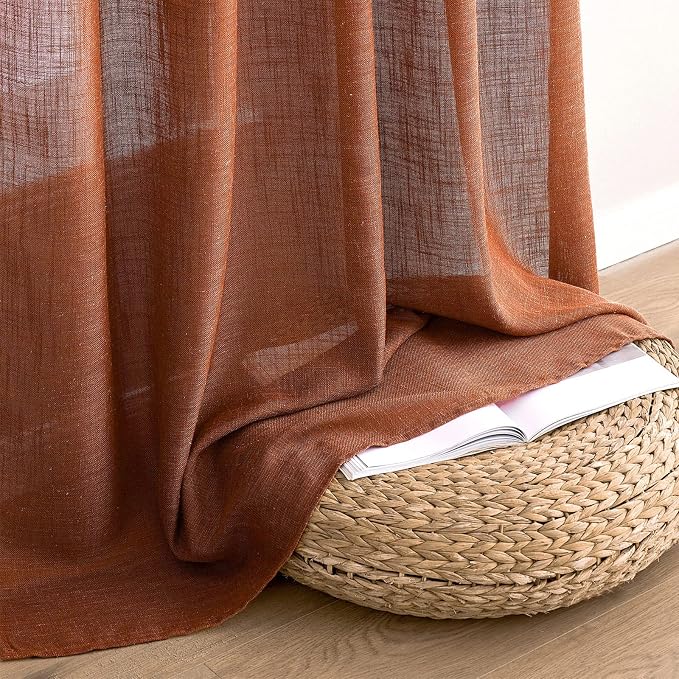 MIULEE Burnt Orange Linen Curtains 108 Inches Long for Living Room, Soft Thick Linen Textured Window Drapes Terracotta Rust Boho Fall Decor Semi Sheer Light Filtering Rod Pocket Back Tab, 2 Panels