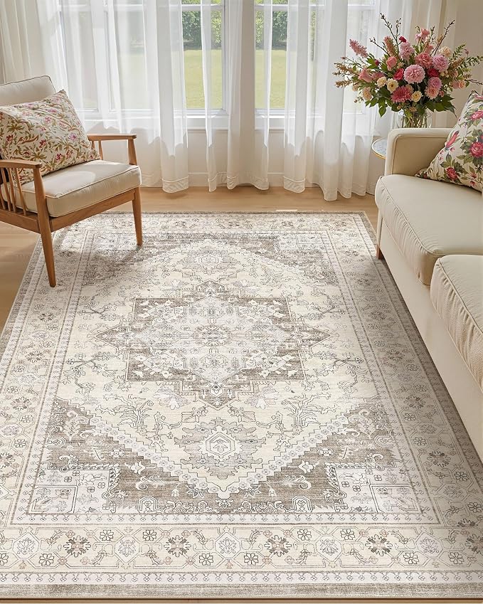 6x9 Vintage Area Rug: Washable Neutral Soft Non Slip Thin Large Floor Carpet for Living Room Bedroom Kitchen Dining Room Home Office Farmhouse Indoor - Brown