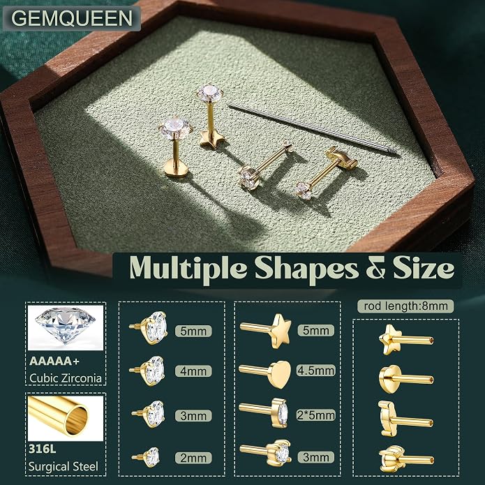 GEMQUEEN Reversible Flat Back Earrings Studs Hypoallergenic - 14K Gold Filled Surgical Steel Earring 18G Cartilage Helix Tragus Conch Piercing Jewelry Extended Internal Thread Earrings for Women Men
